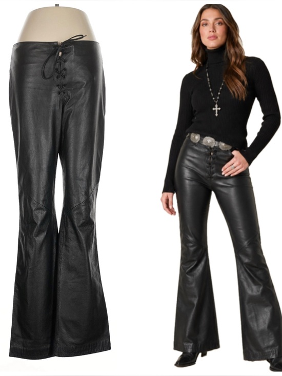 Ralph Lauren Pants - Vintage Y2K Ralph Lauren Black Leather Pants Flare Lace Up Corset Mid Rise 6 32”